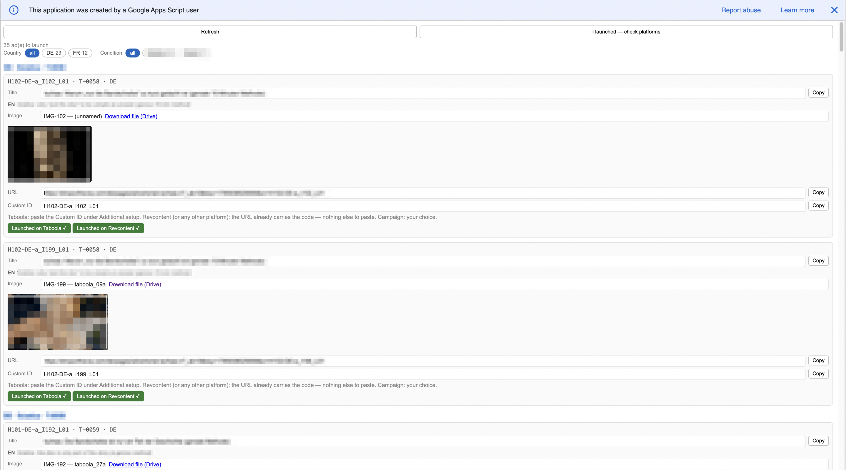 Redacted view of the launch console sidebar