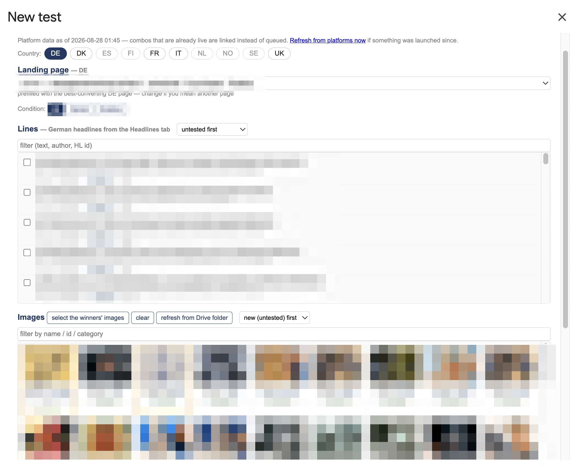 Redacted view of the native advertising test planner